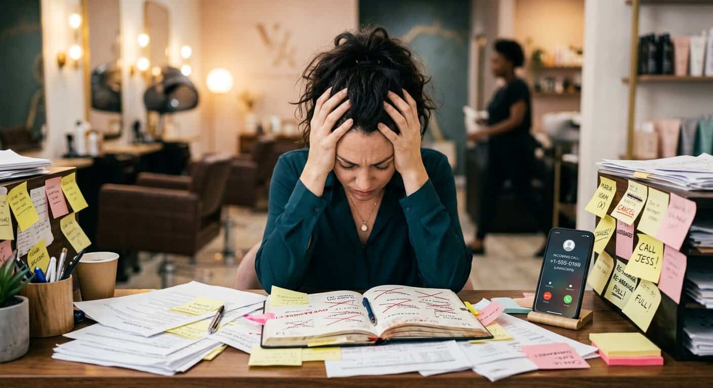 אישה מנהלת מספרה נראית לחוצה, אוחזת בראשה ויושבת מול שולחן עבודה מבולגן עם יומן תורים עמוס, ניירת רבה, פתקיות תזכורת וטלפון נייד מצלצל.